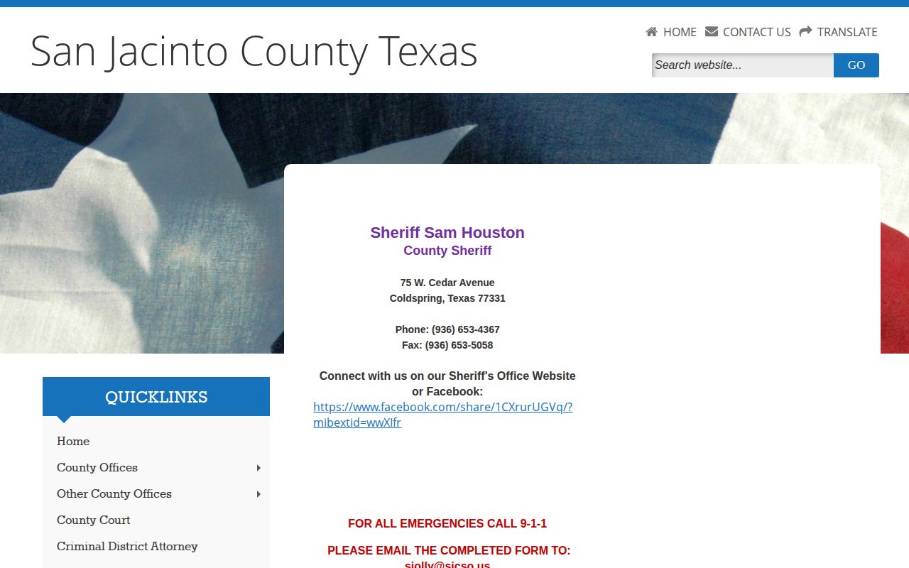 San Jacinto County Sheriff warrant and wanted-record contact source